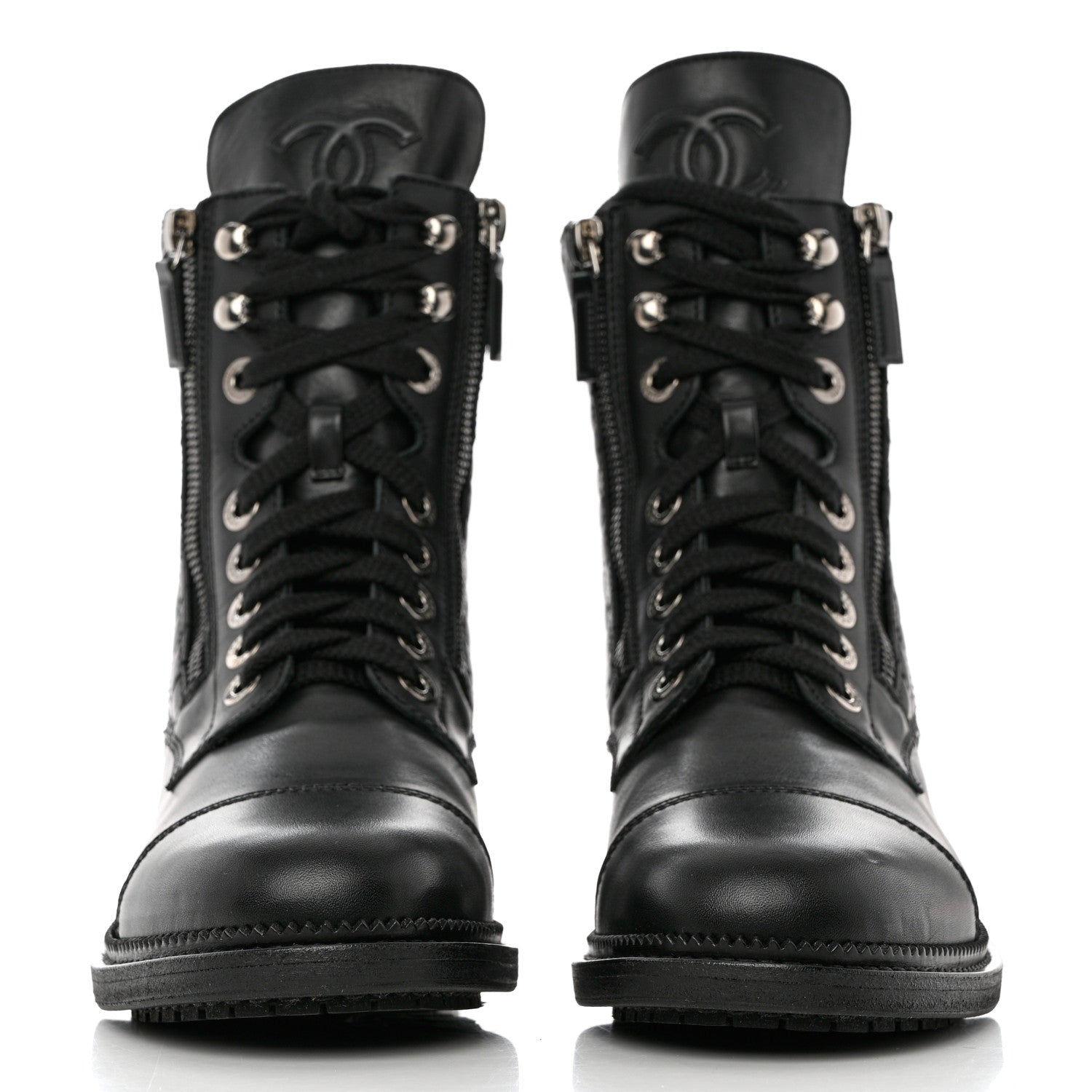 Chanel Calfskin Quilted Lace Up Combat Boots 38.5 Black 2 of 10