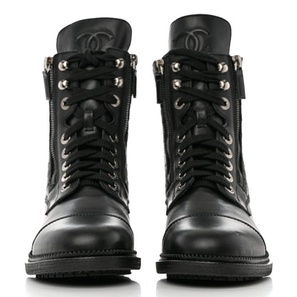 Chanel Calfskin Quilted Lace Up Combat Boots 38.5 Black 2 of 10