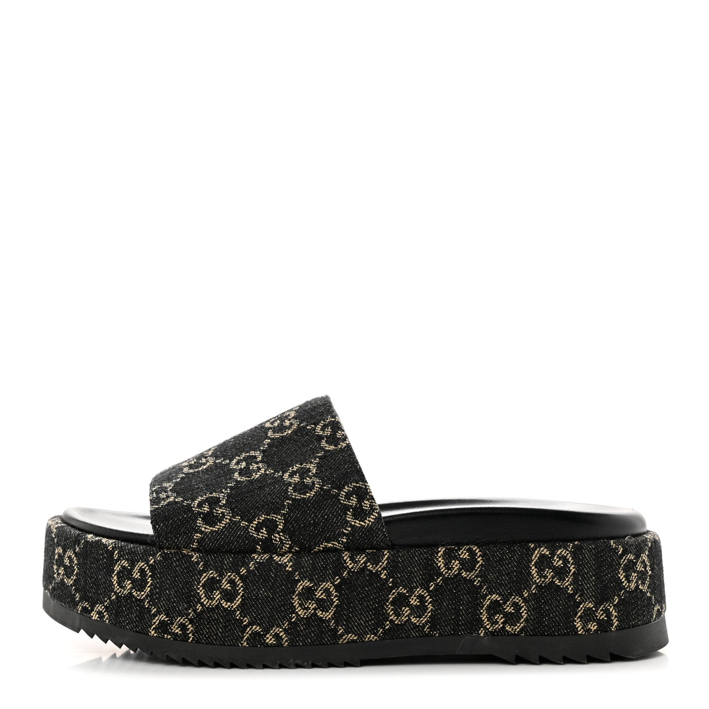 Jacquard Black Denim GG Monogram Angelina Platform 55mm Slide Sandals 37 Black Ivory
