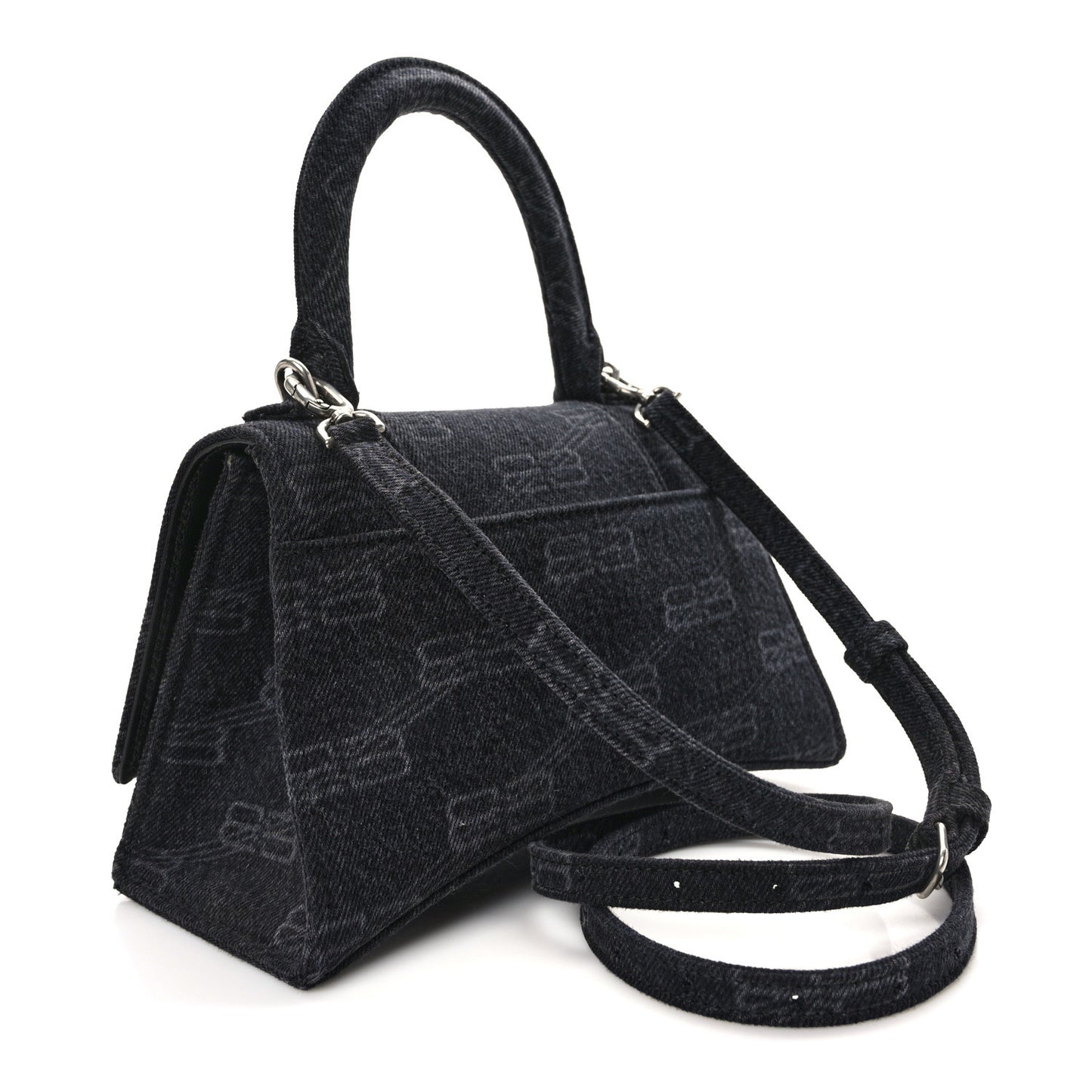 Washed Denim BB Monogram Small Hourglass Top Handle Bag Black