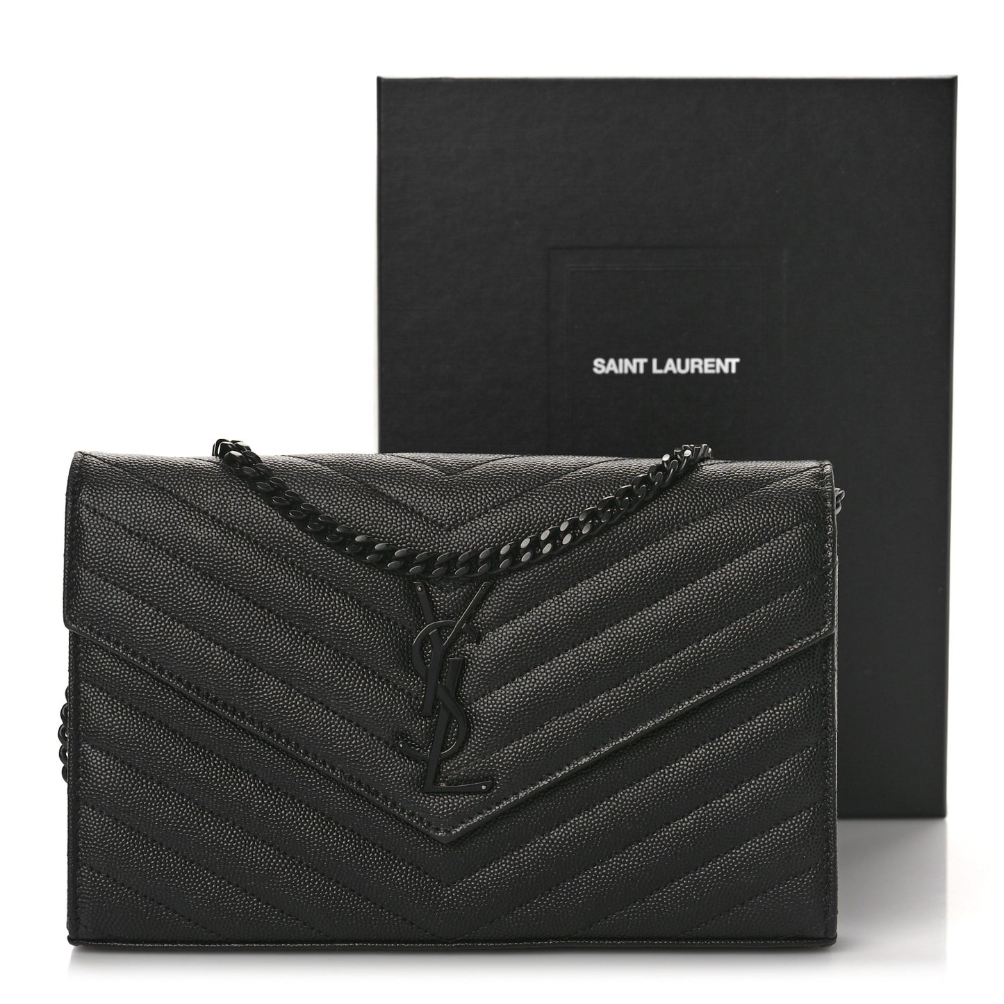 Grain De Poudre Matelasse Chevron Monogram Monochrome Chain Wallet Black