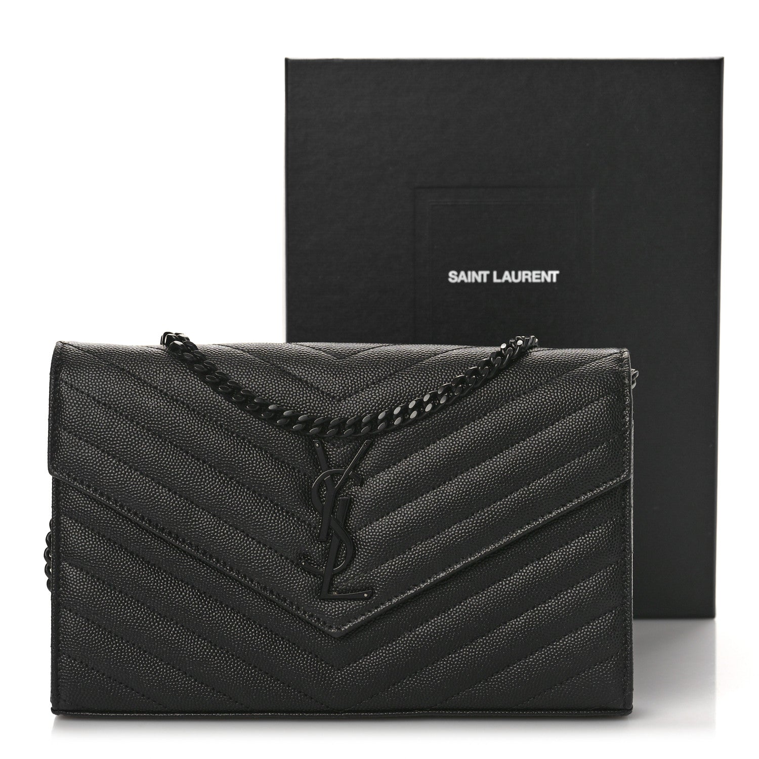 Saint Laurent Grain De Poudre Matelasse Chevron Monogram Monochrome Chain Wallet Black 10 of 10