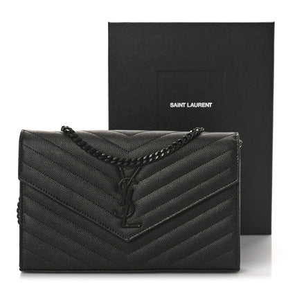 Saint Laurent Grain De Poudre Matelasse Chevron Monogram Monochrome Chain Wallet Black 10 of 10
