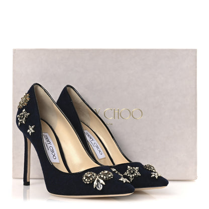 Jimmy Choo Crystal Embellished Romy 100 Flannel Pumps 37 Navy 20 of 20