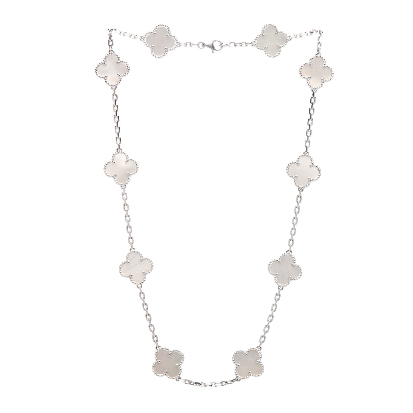 18K White Gold Mother of Pearl 10 Motifs Vintage Alhambra Necklace