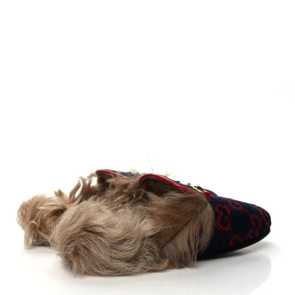Gucci Covered Wool Big GG Monogram Fur Womens Princetown Slippers 37 Blue Red Butterscotch 4 of 7