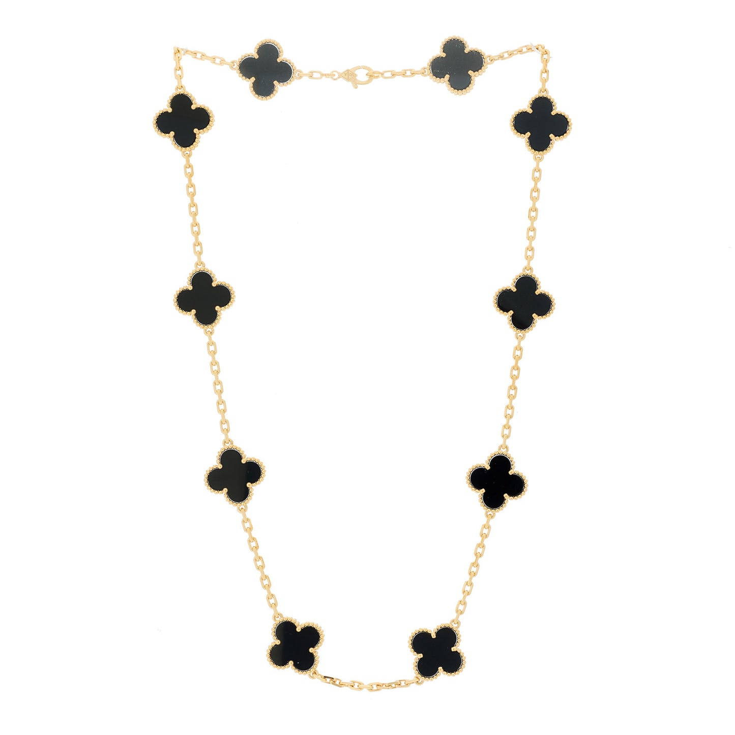 18K Yellow Gold Black Onyx 10 Motifs Vintage Alhambra Necklace