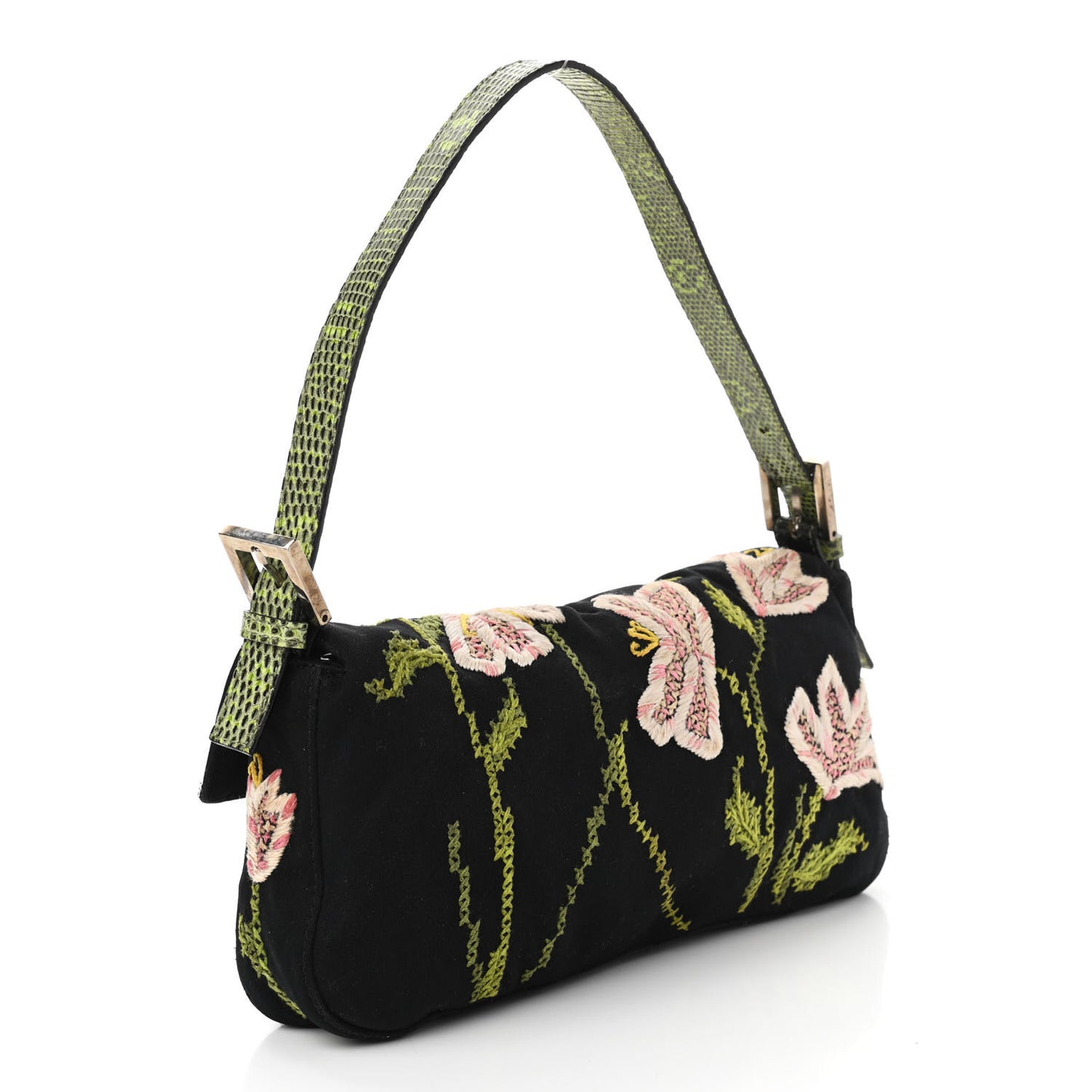 Canvas Lizard Embroidered Flower Baguette Black Multicolor