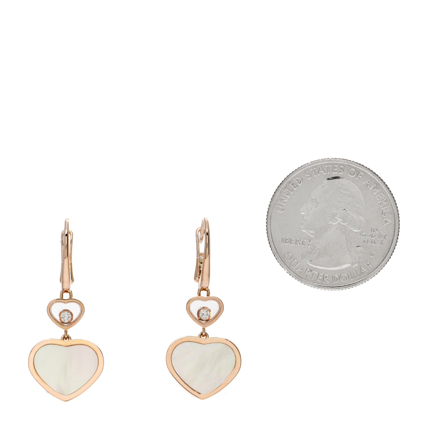 18K Rose Gold Diamond Mother of Pearl Floating Happy Diamonds Hearts Earrings