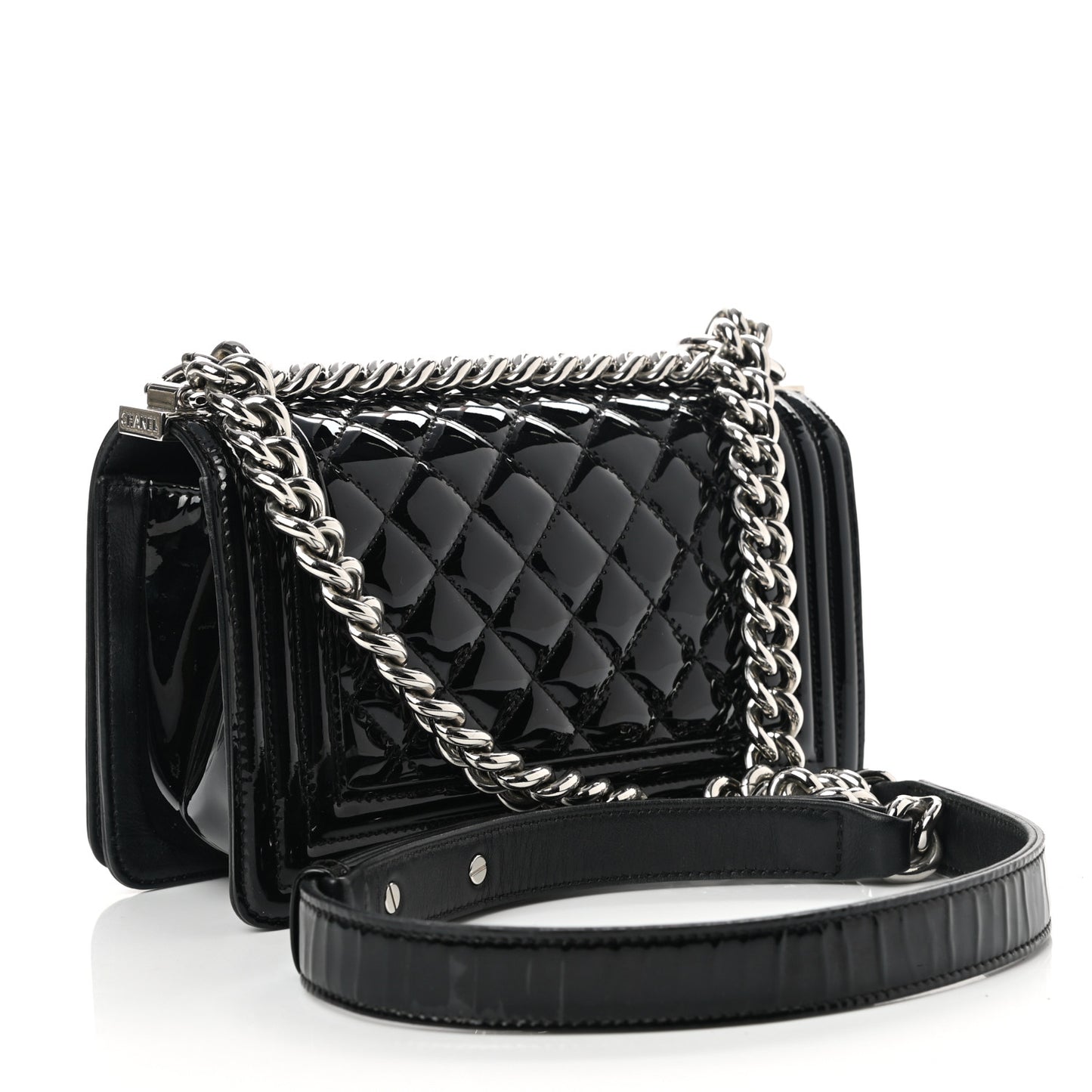 Patent Calfskin Quilted Small Boy Flap Black