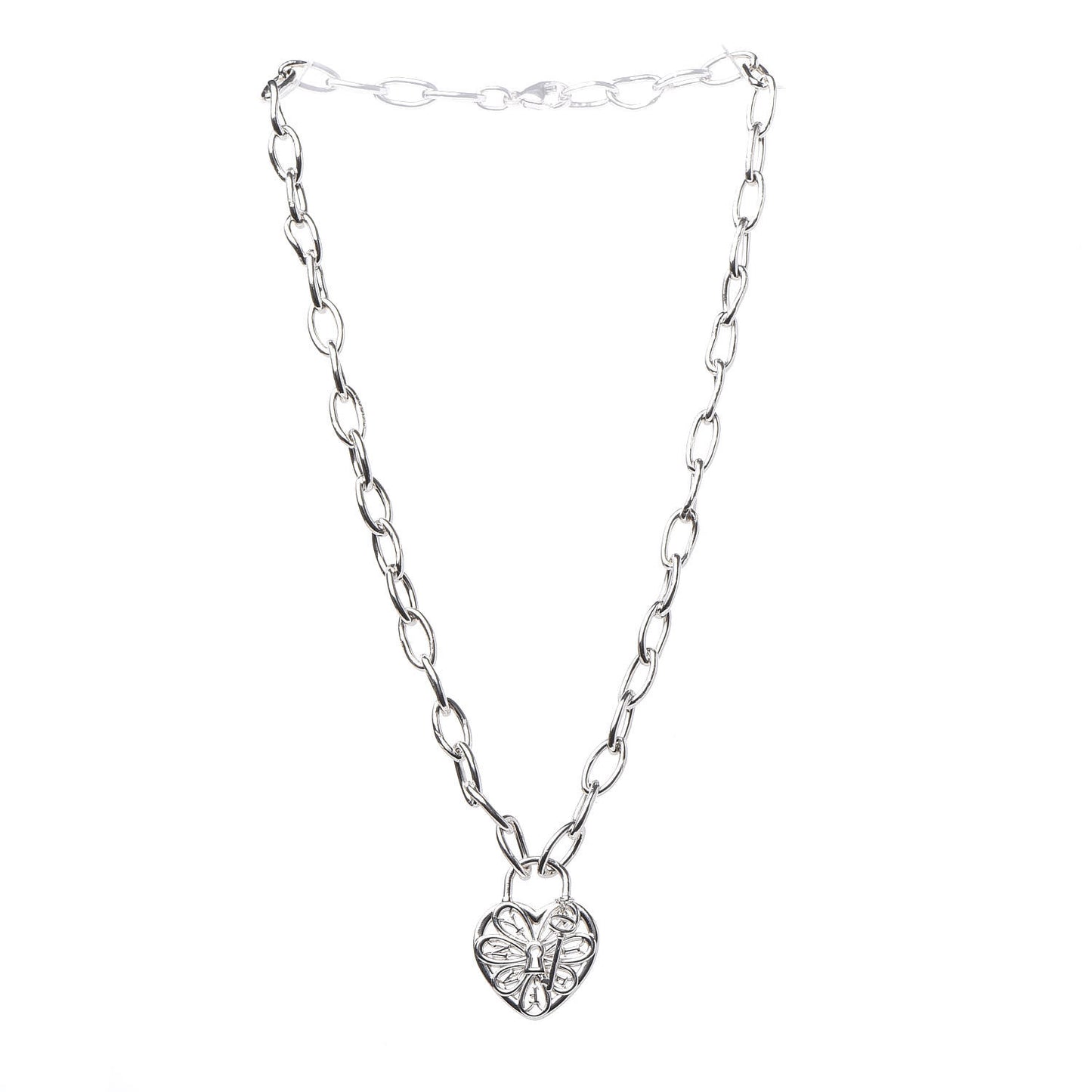 Sterling Silver Filigree Heart Key Pendant Link Necklace