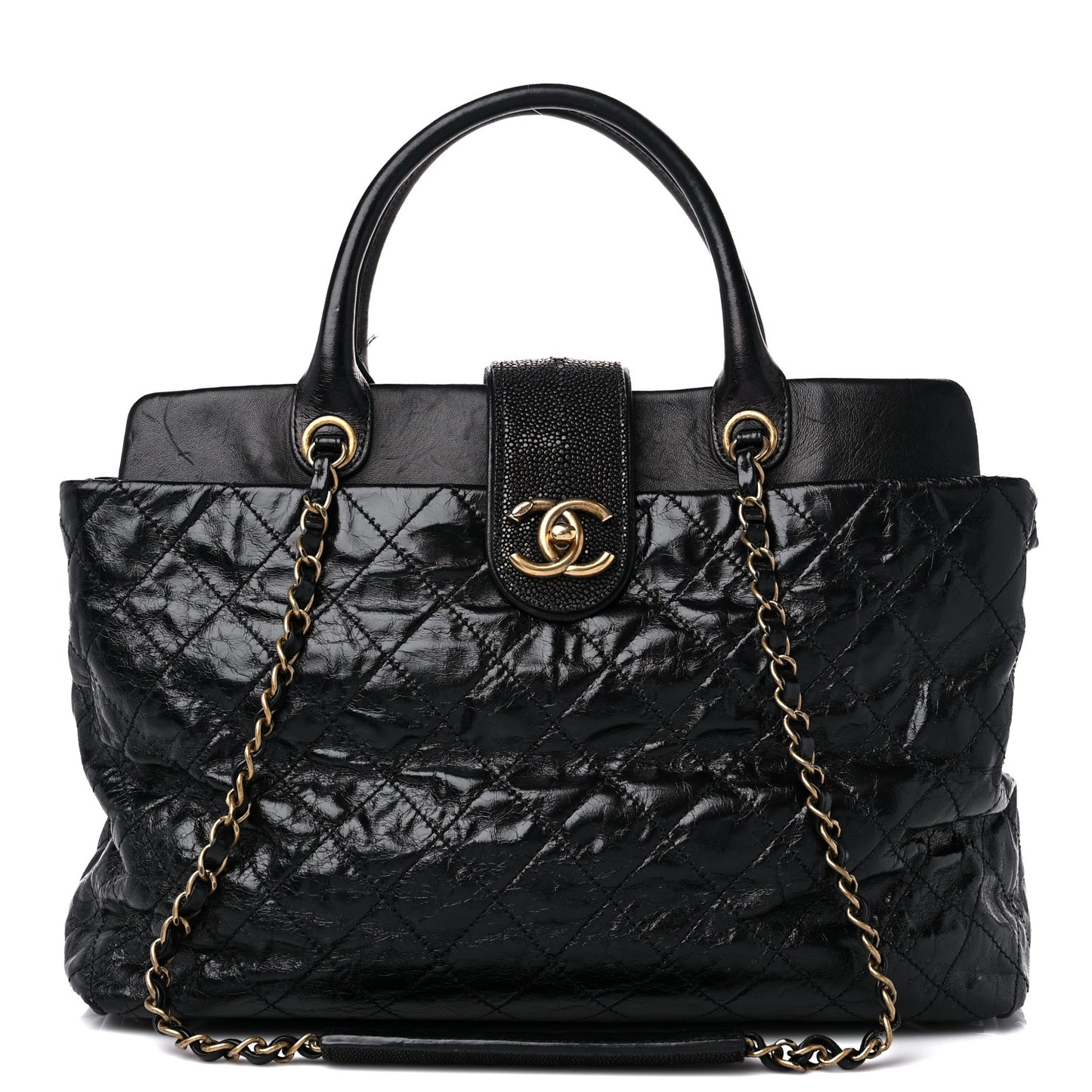 Glazed Calfskin Stingray Large Bindi CC Tote Black
