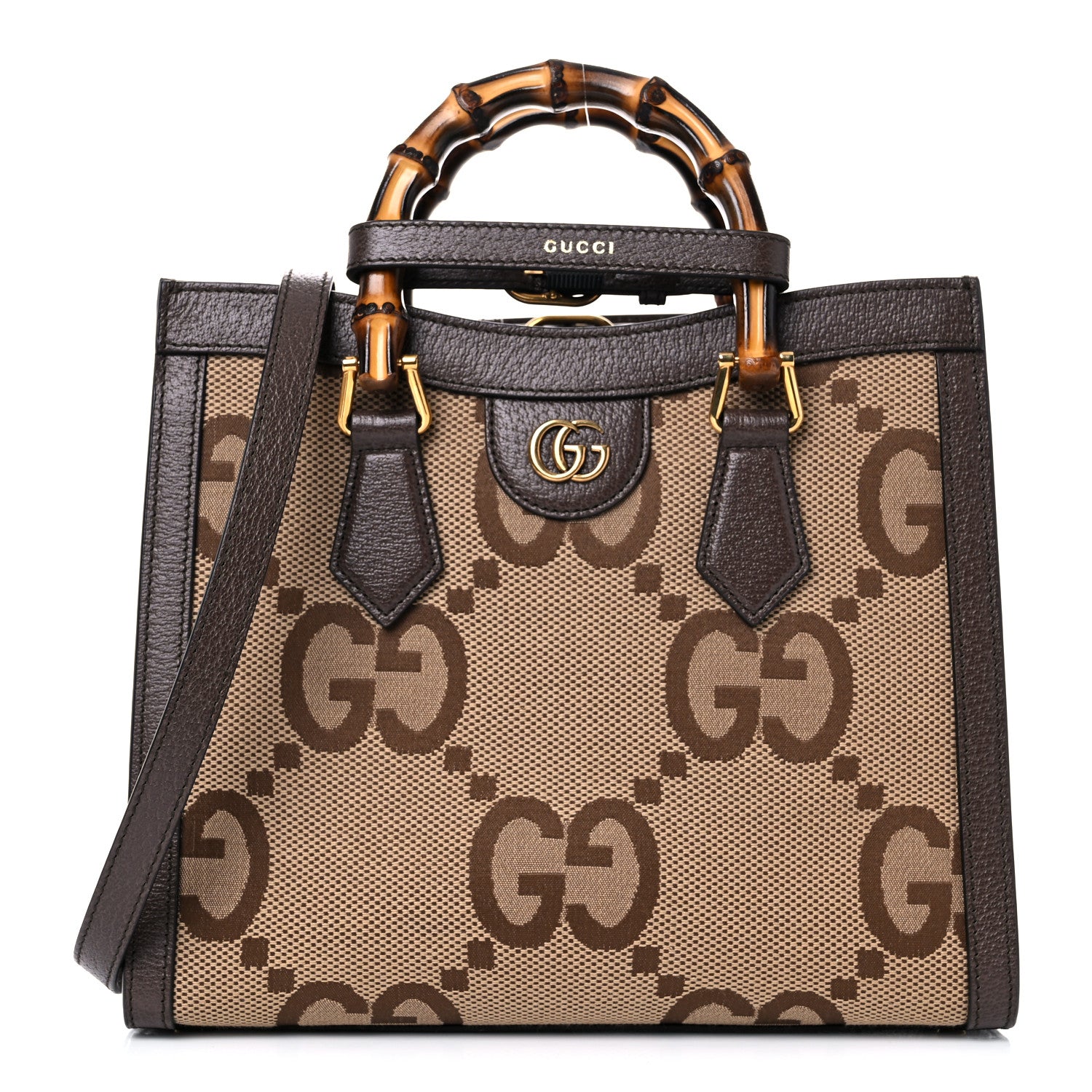 Gucci Monogram Jumbo GG Textured Dollar Calfskin Small Diana Tote Bag Camel Ebony New Acero 1 of 24