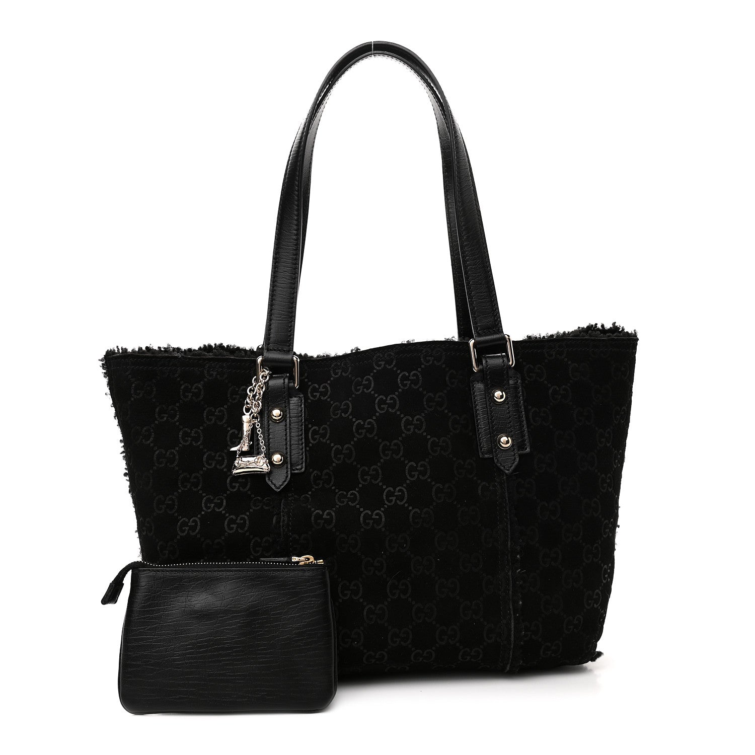 Gucci Monogram Suede Shearling Medium Jolicoeur Tote Black 1 of 10