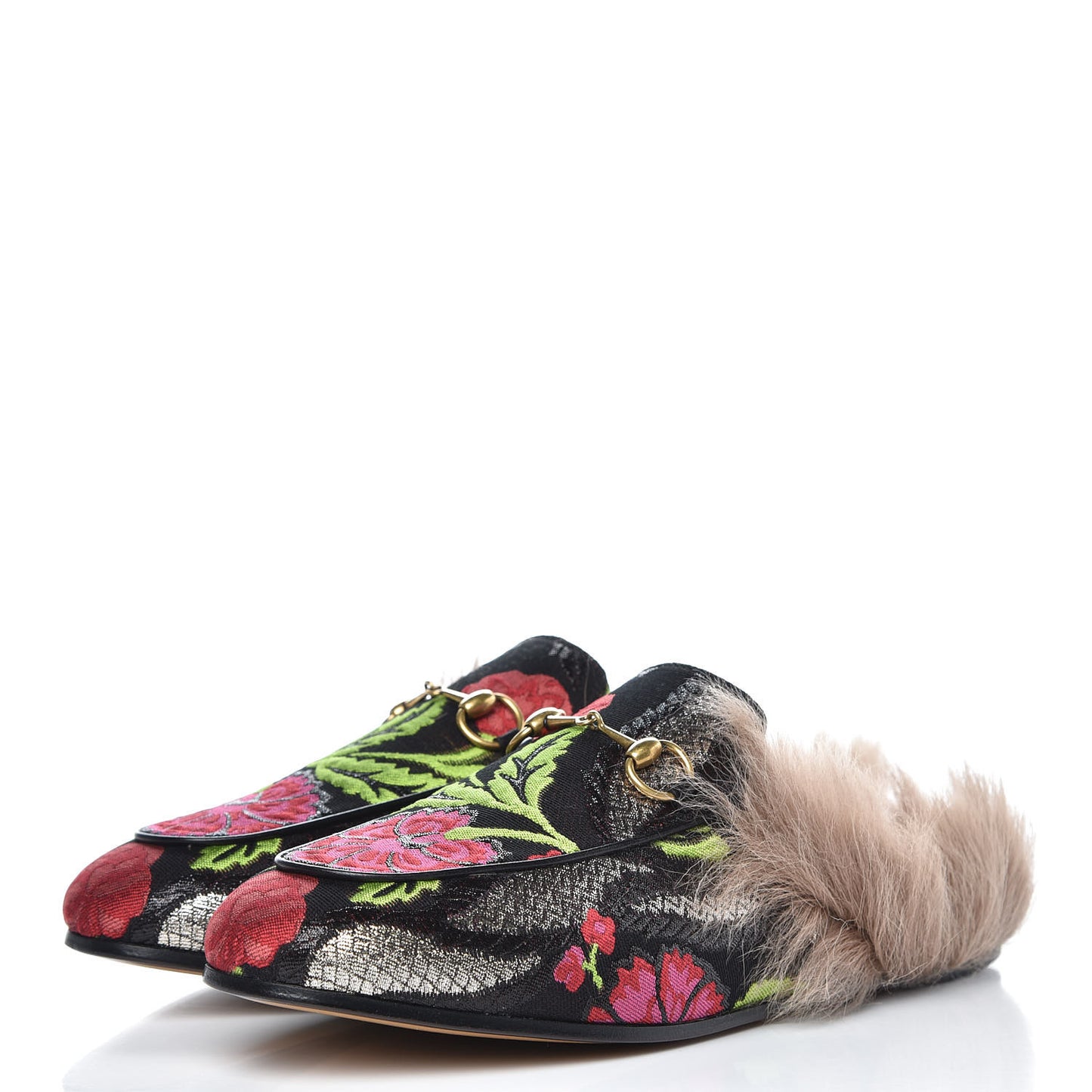 Brocade Fur Floral Womens Princetown Slippers 40 Black Anthracite