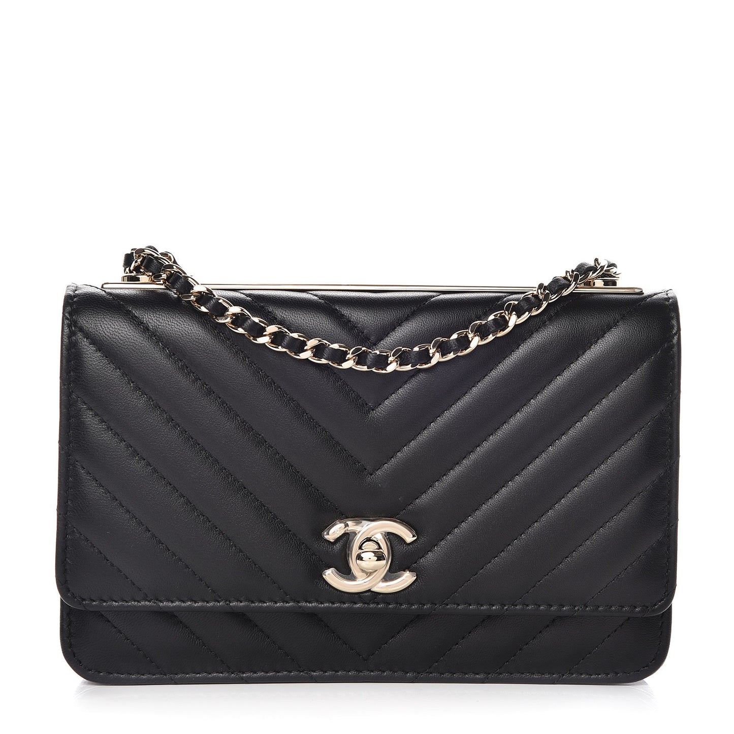 Lambskin Chevron Quilted Trendy CC Chain Wallet Black