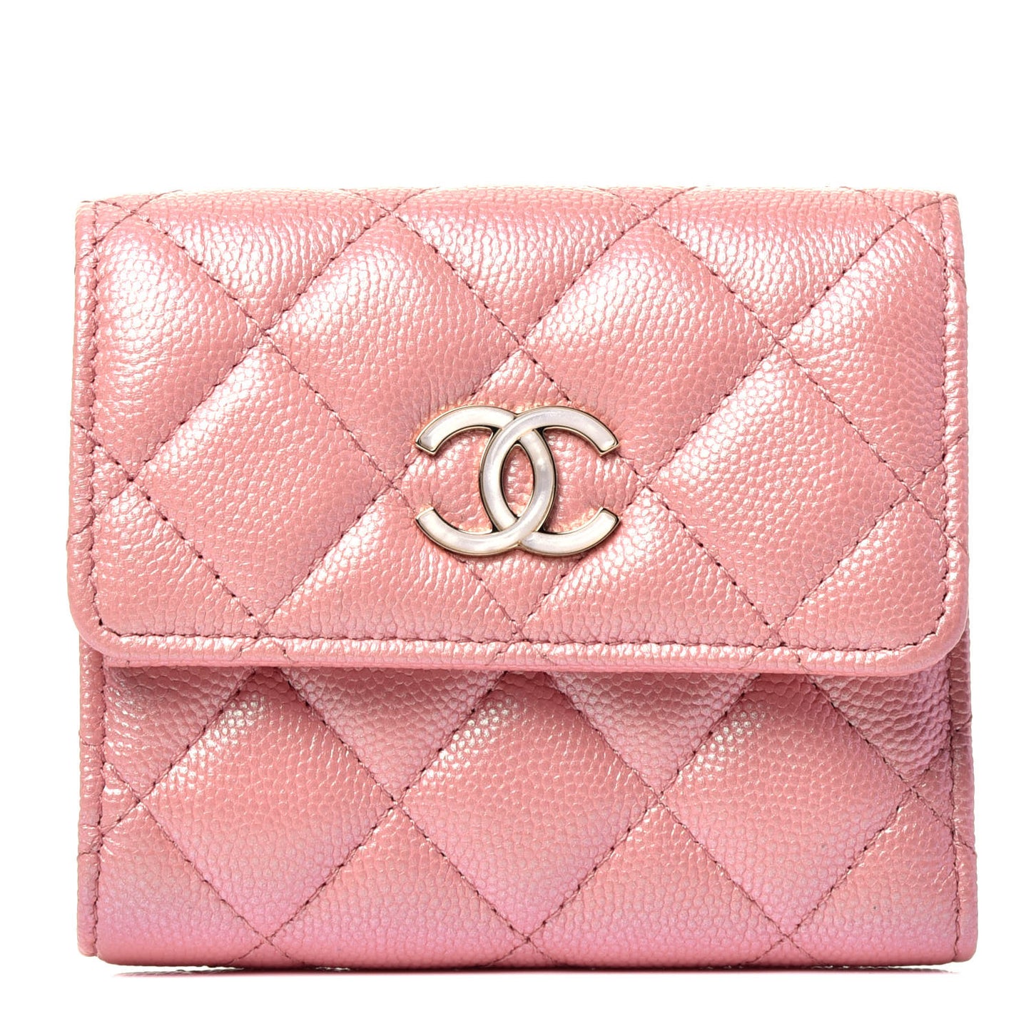 Iridescent Caviar Small Quilted Flap Wallet Rose Pink