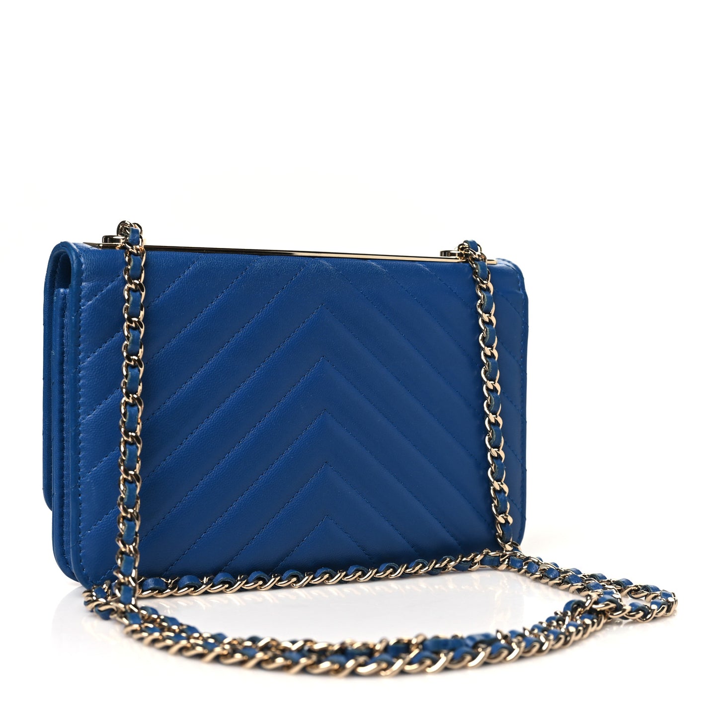 Lambskin Chevron Quilted Trendy CC Wallet On Chain WOC Blue