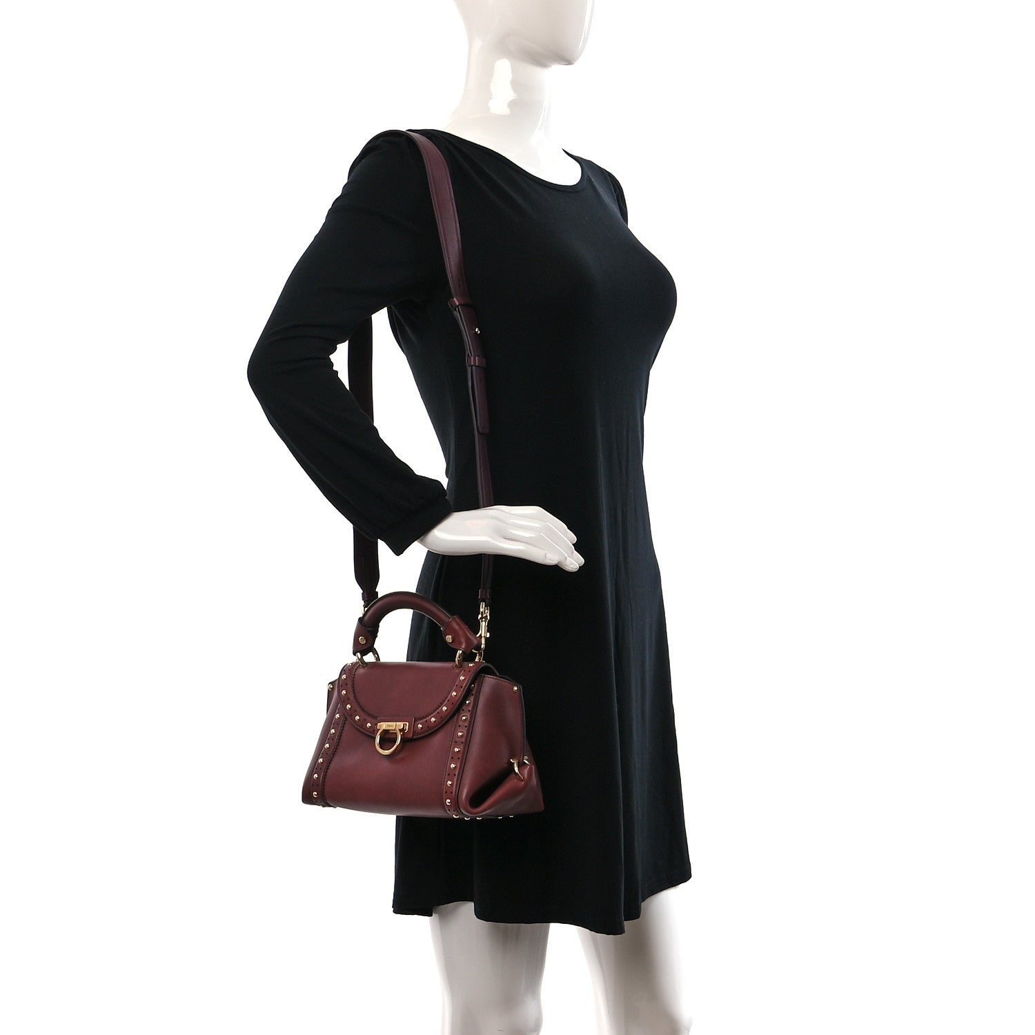 Salvatore Ferragamo Calfskin Studded Sofia Satchel Burgundy 2 of 11