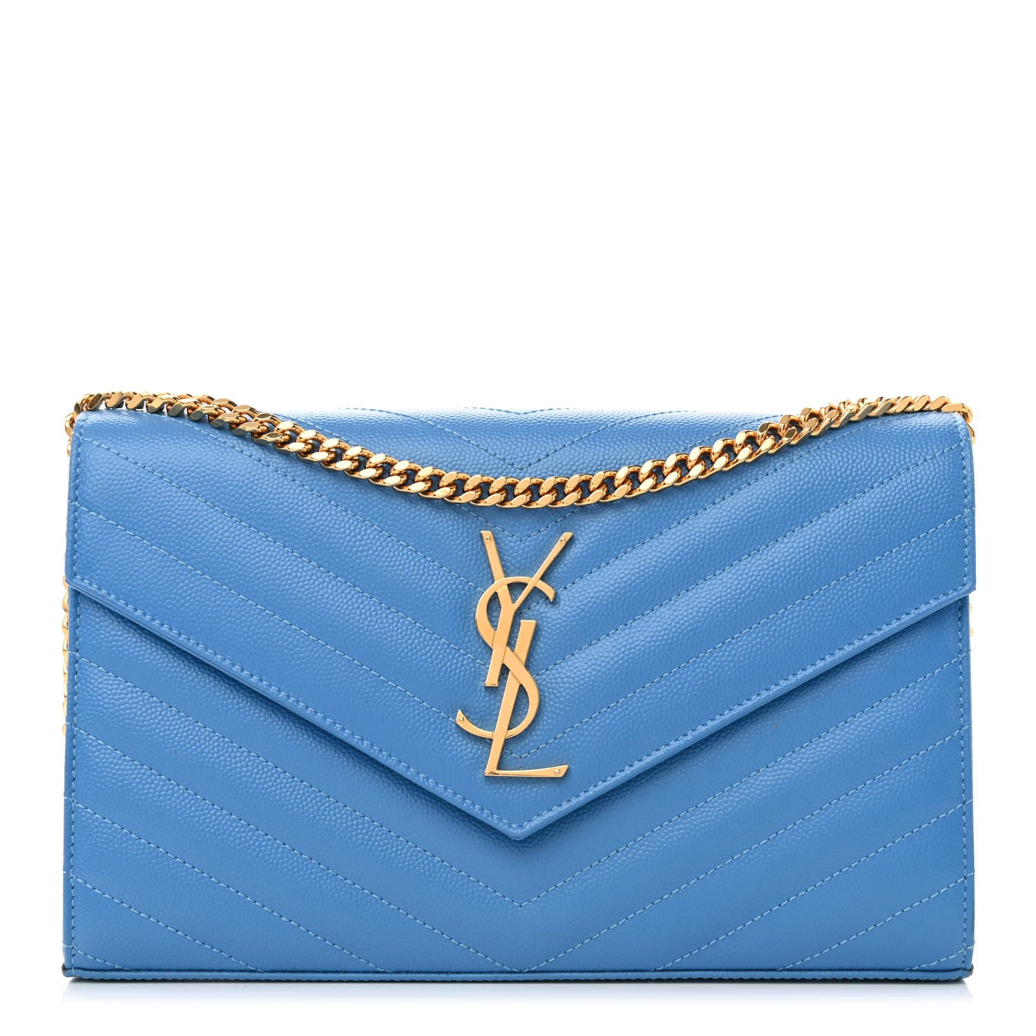 Saint Laurent Grain De Poudre Matelasse Chevron Monogram Chain Wallet Blue Clair 1 of 8