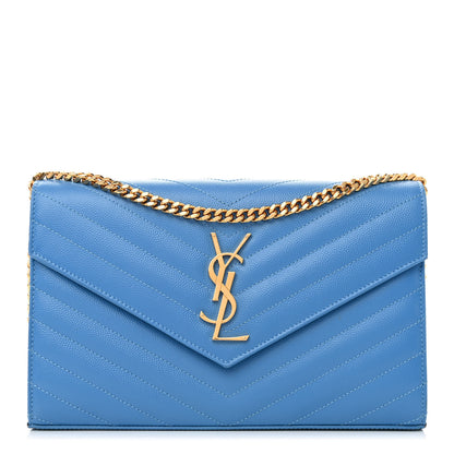 Saint Laurent Grain De Poudre Matelasse Chevron Monogram Chain Wallet Blue Clair 1 of 8