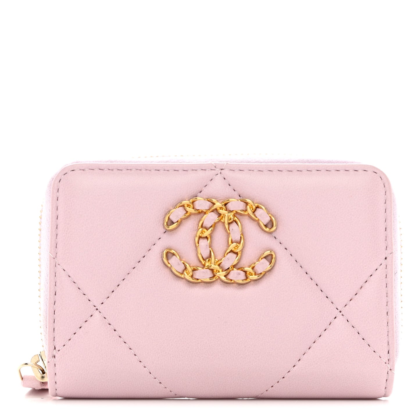 Lambskin Quilted Chanel 19 Zip Around Coin Purse Wallet Light Pink