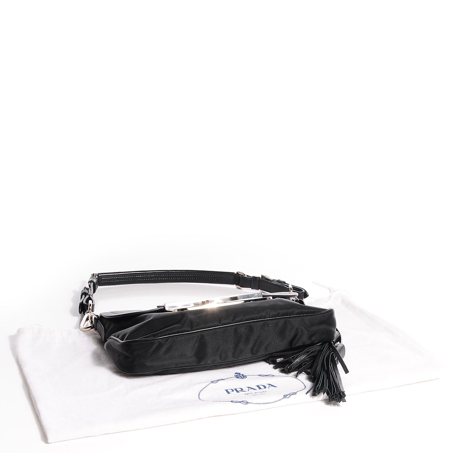 Prada Lambskin Tessuto Nylon Tassel Shoulder Bag Black 4 of 10