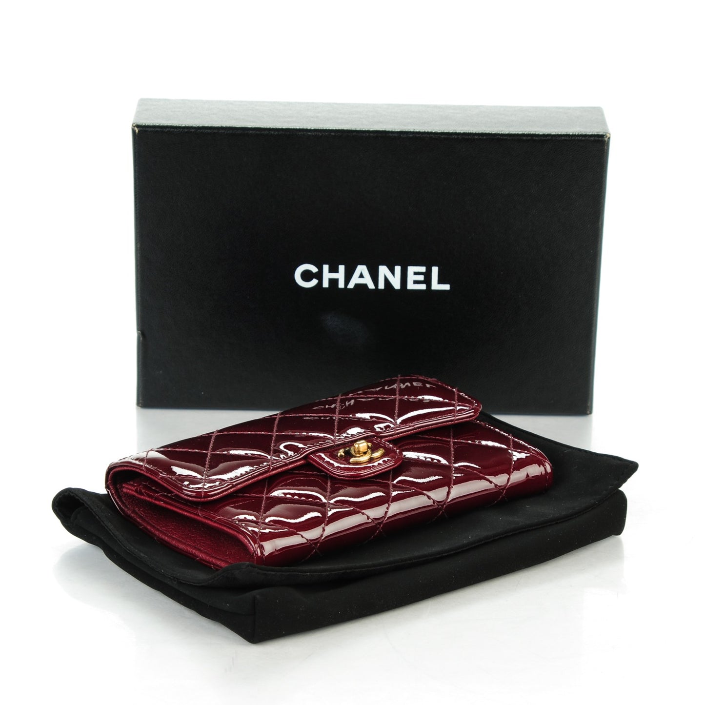 Patent Calfskin Quilted Small Flap Wallet Burgundy