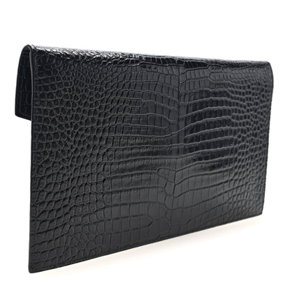 Saint Laurent Calfskin Crocodile Embossed Uptown Monogram Pouch Black 3 of 6