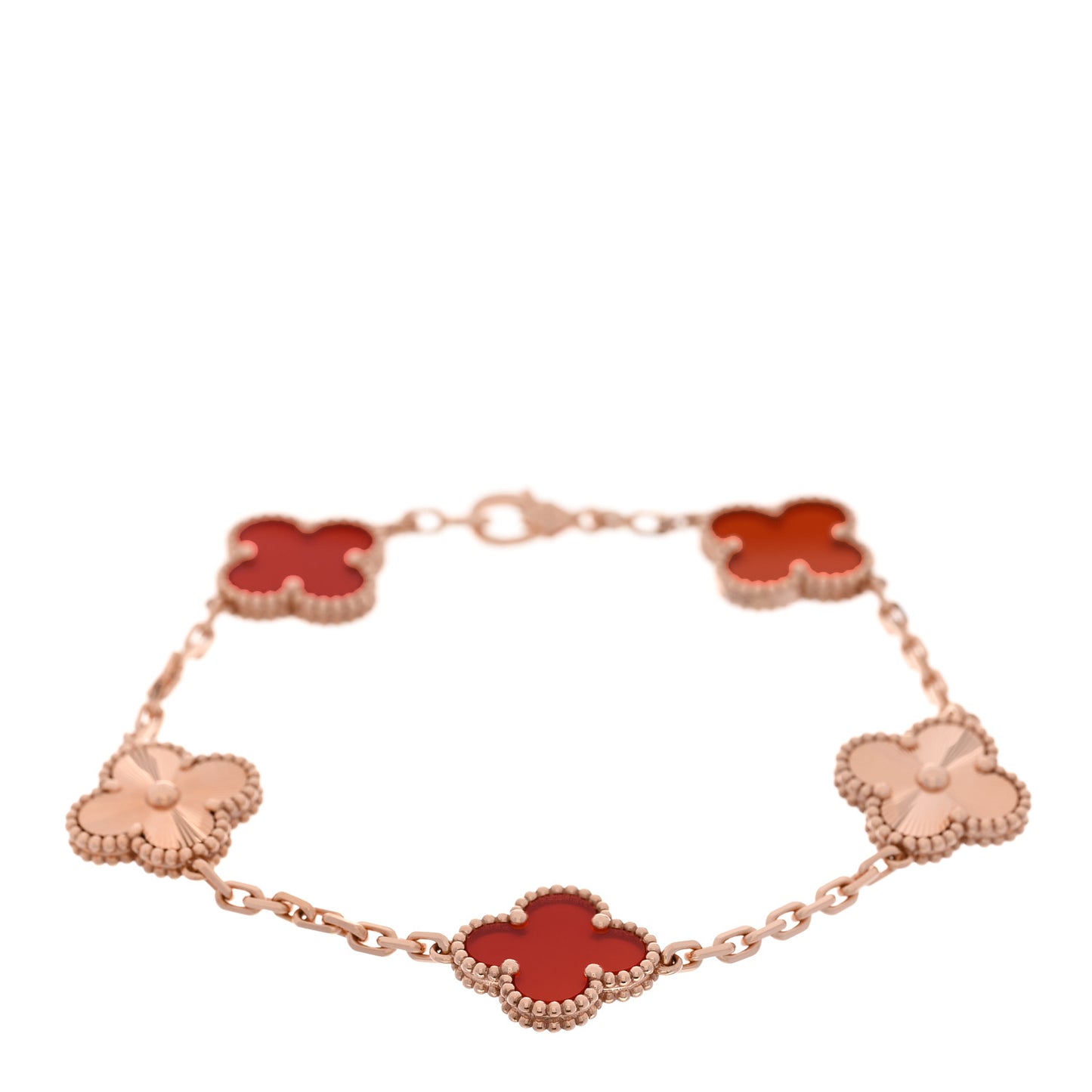 18K Rose Gold Carnelian 5 Motifs Guilloche Vintage Alhambra Bracelet