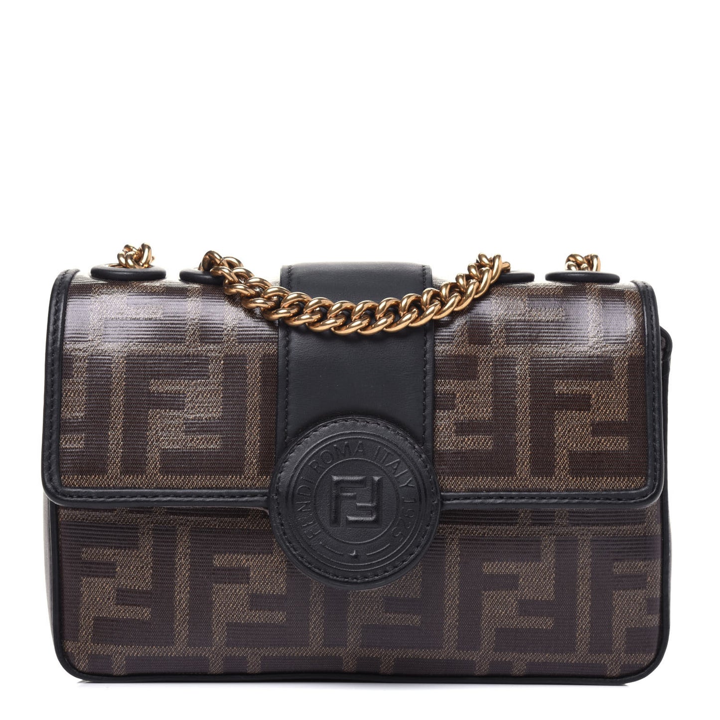 Glazed Fabric Vitello Century FF 1974 Stamp Patch Mini Double F Crossbody Bag Mogano Panna Black