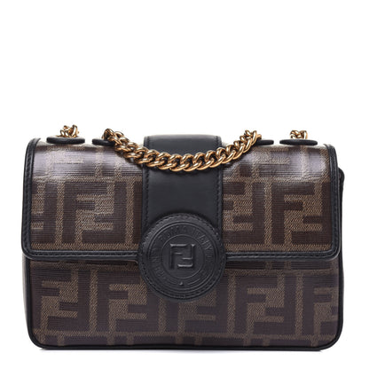 Fendi Glazed Fabric Vitello Century FF 1974 Stamp Patch Mini Double F Crossbody Bag Mogano Panna Black 1 of 12
