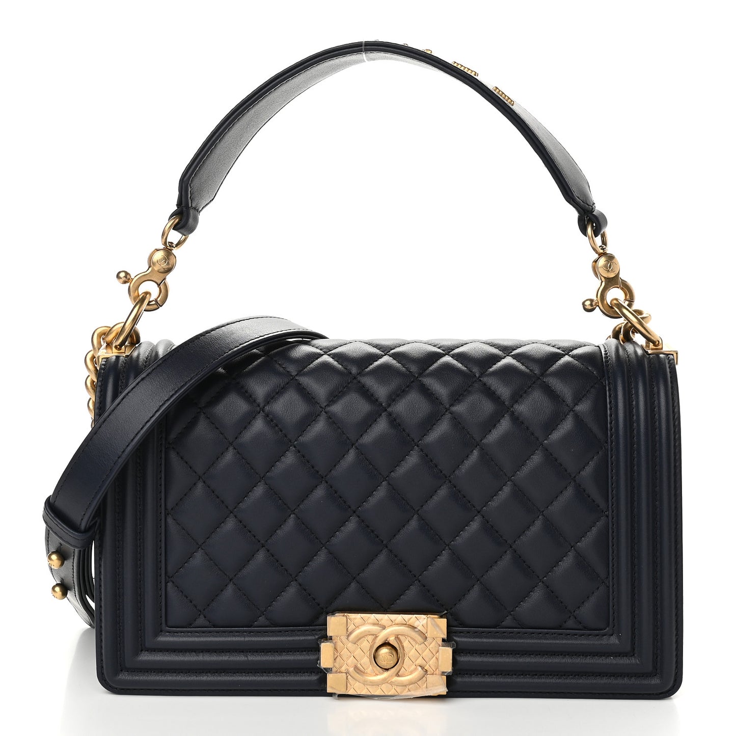 Calfskin Medium Boy Logo Top Handle Flap Navy