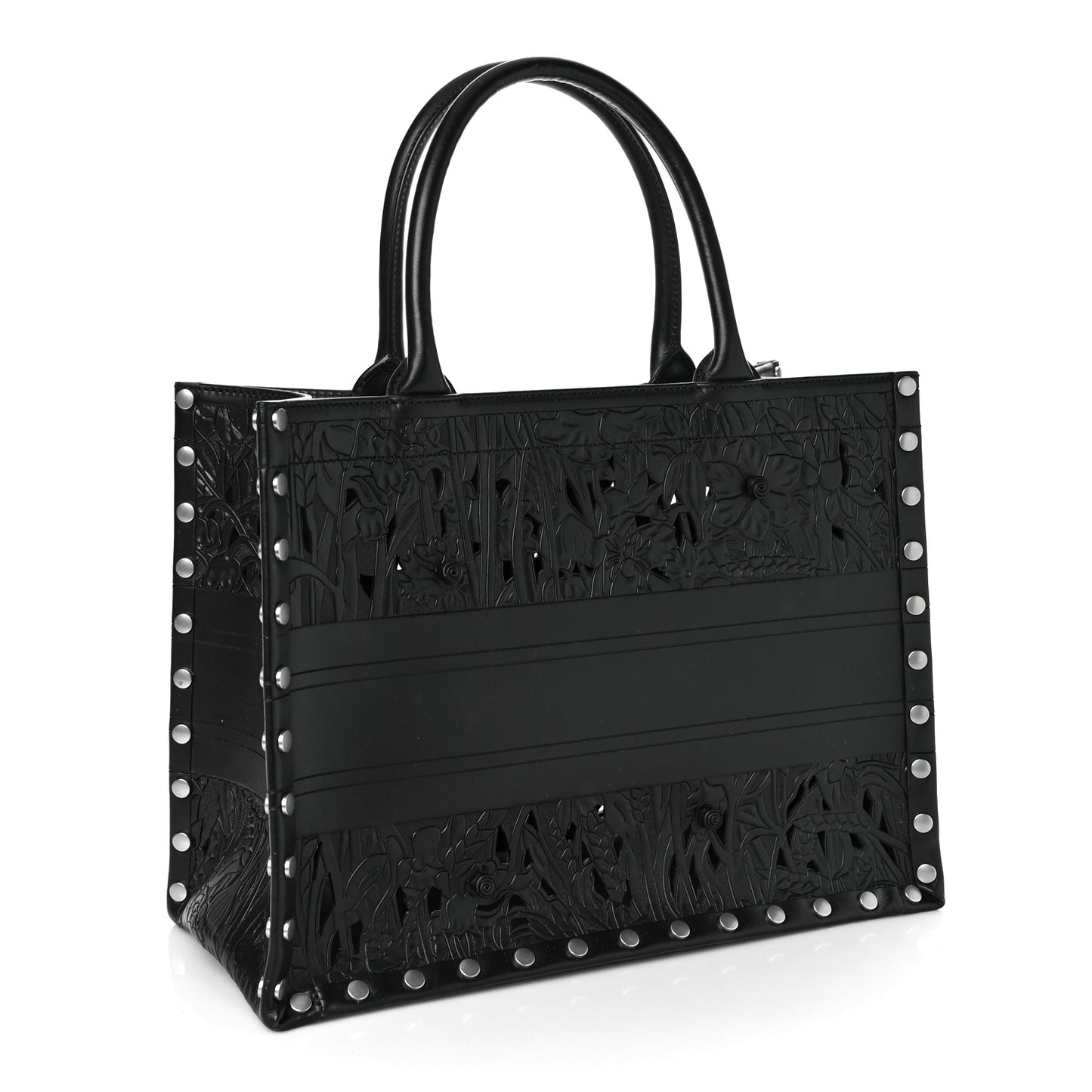 Calfskin Laser Cut Studded Medium Book Tote Black