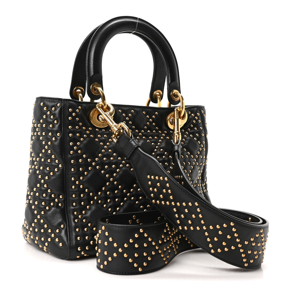 Calfskin Cannage Studded Medium Supple Lady Dior Black