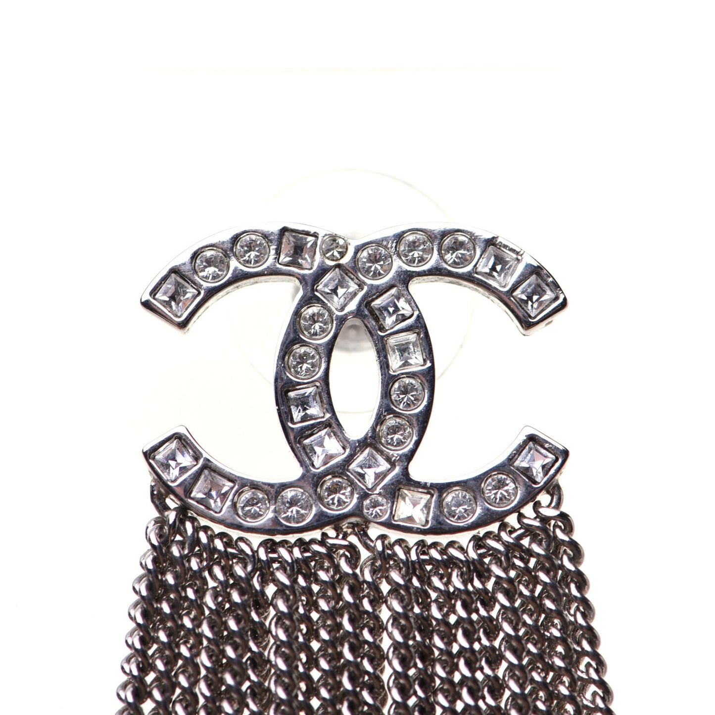 Baguette Crystal CC Chain Drop Earrings Silver