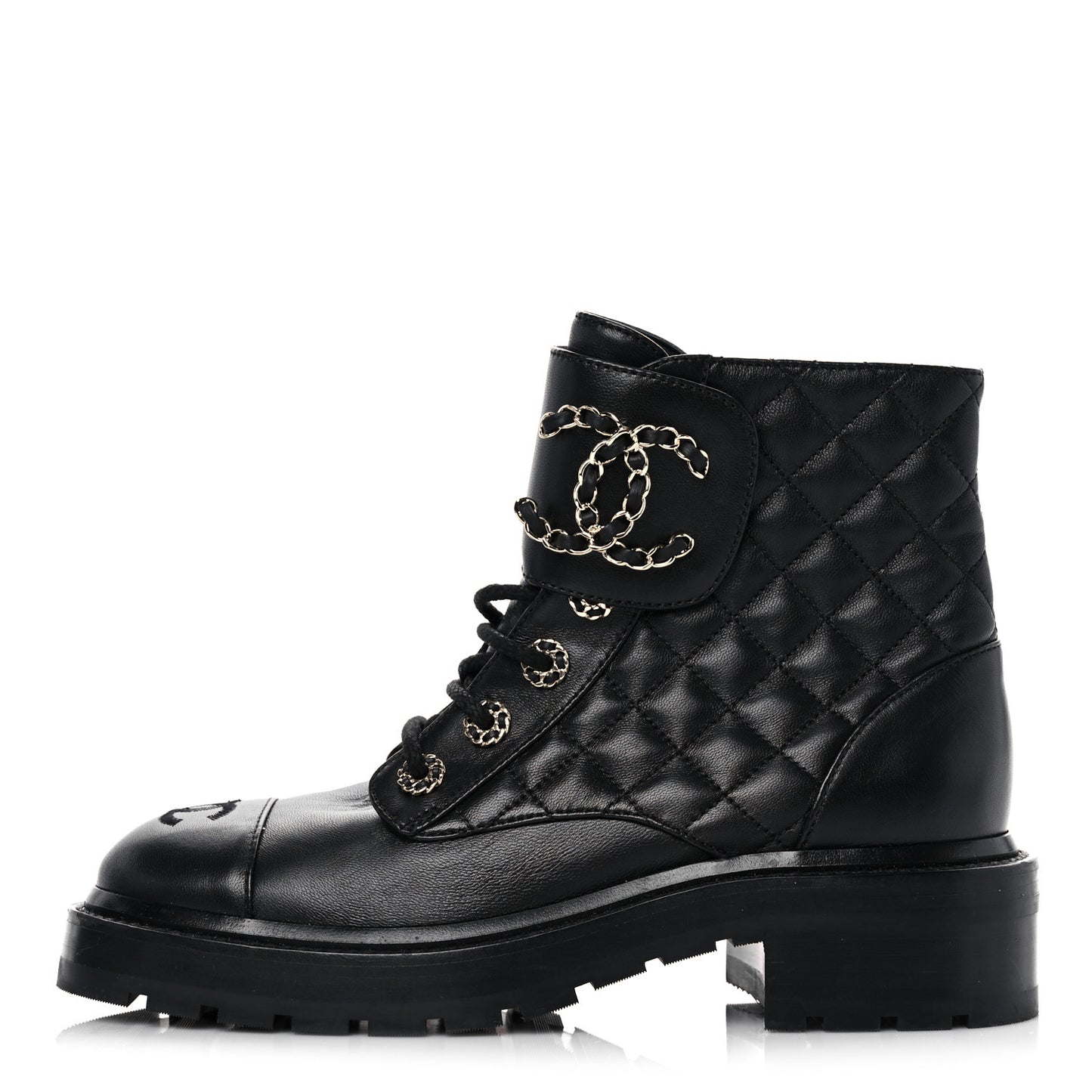 Shiny Calfskin Quilted Lace Up Combat Boots 36.5 Black
