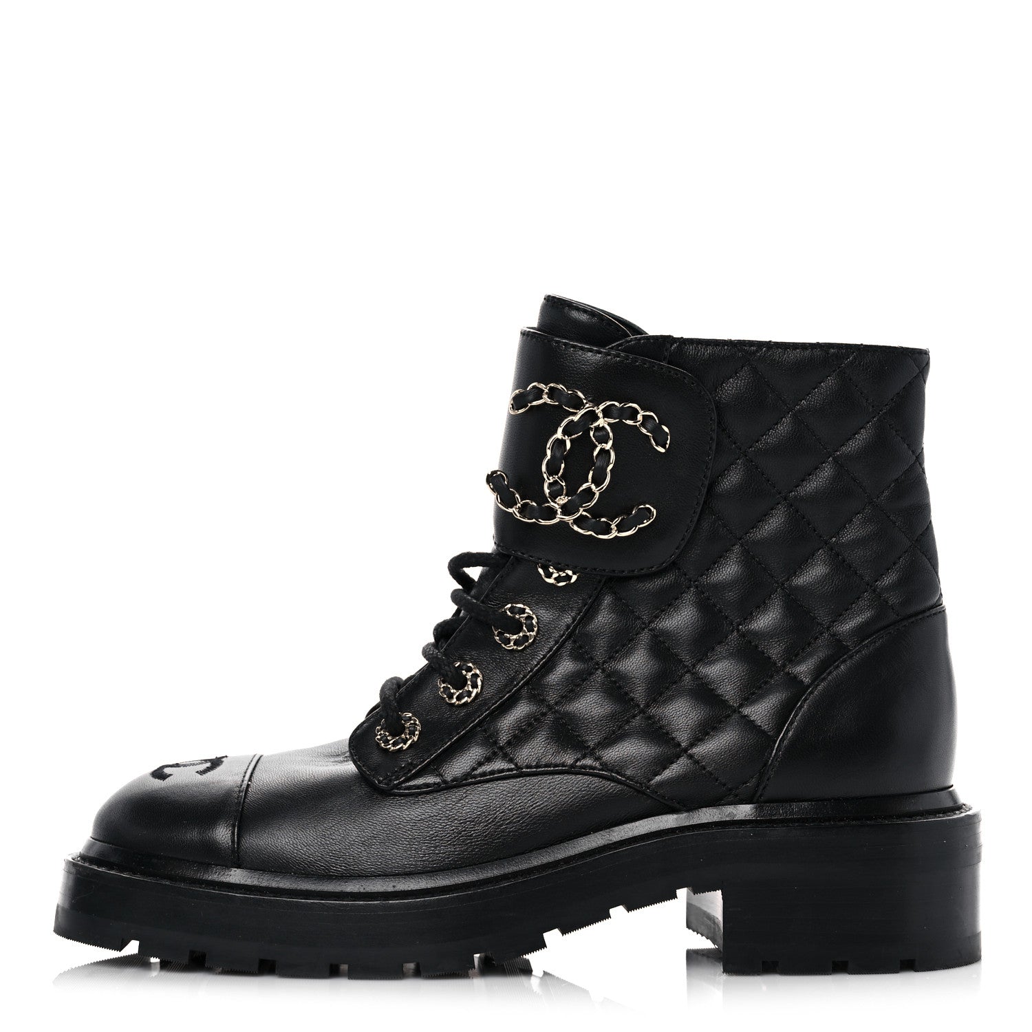 Chanel Shiny Calfskin Quilted Lace Up Combat Boots 36.5 Black 1 of 11