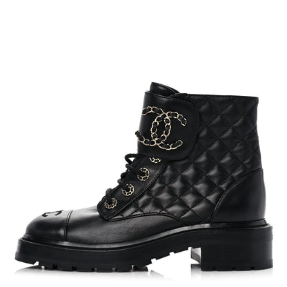 Chanel Shiny Calfskin Quilted Lace Up Combat Boots 36.5 Black 1 of 11