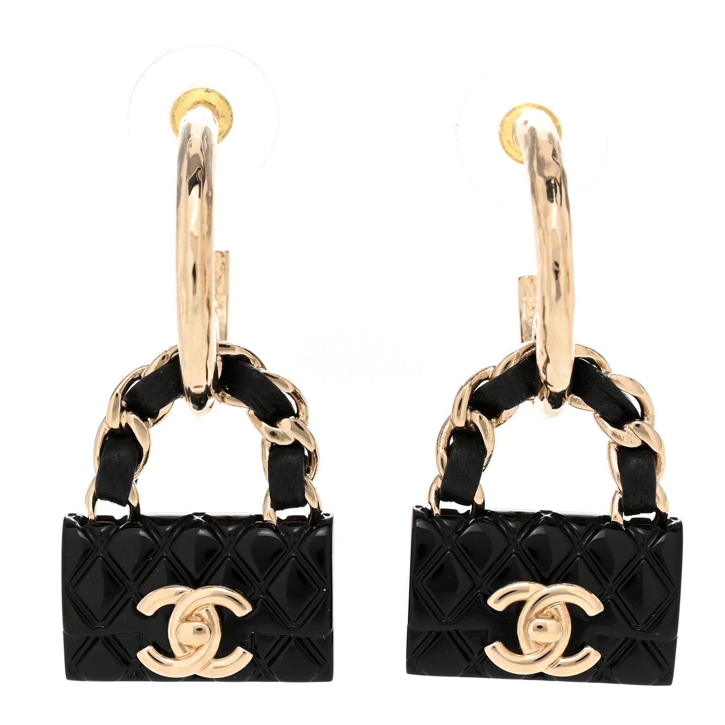Metal Resin Lambskin Quilted CC Turnlock Chain Flap Bag Hoop Earrings Black Gold