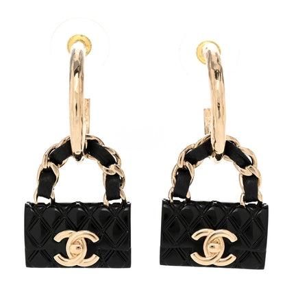 Chanel Metal Resin Lambskin Quilted CC Turnlock Chain Flap Bag Hoop Earrings Black Gold 1 of 5