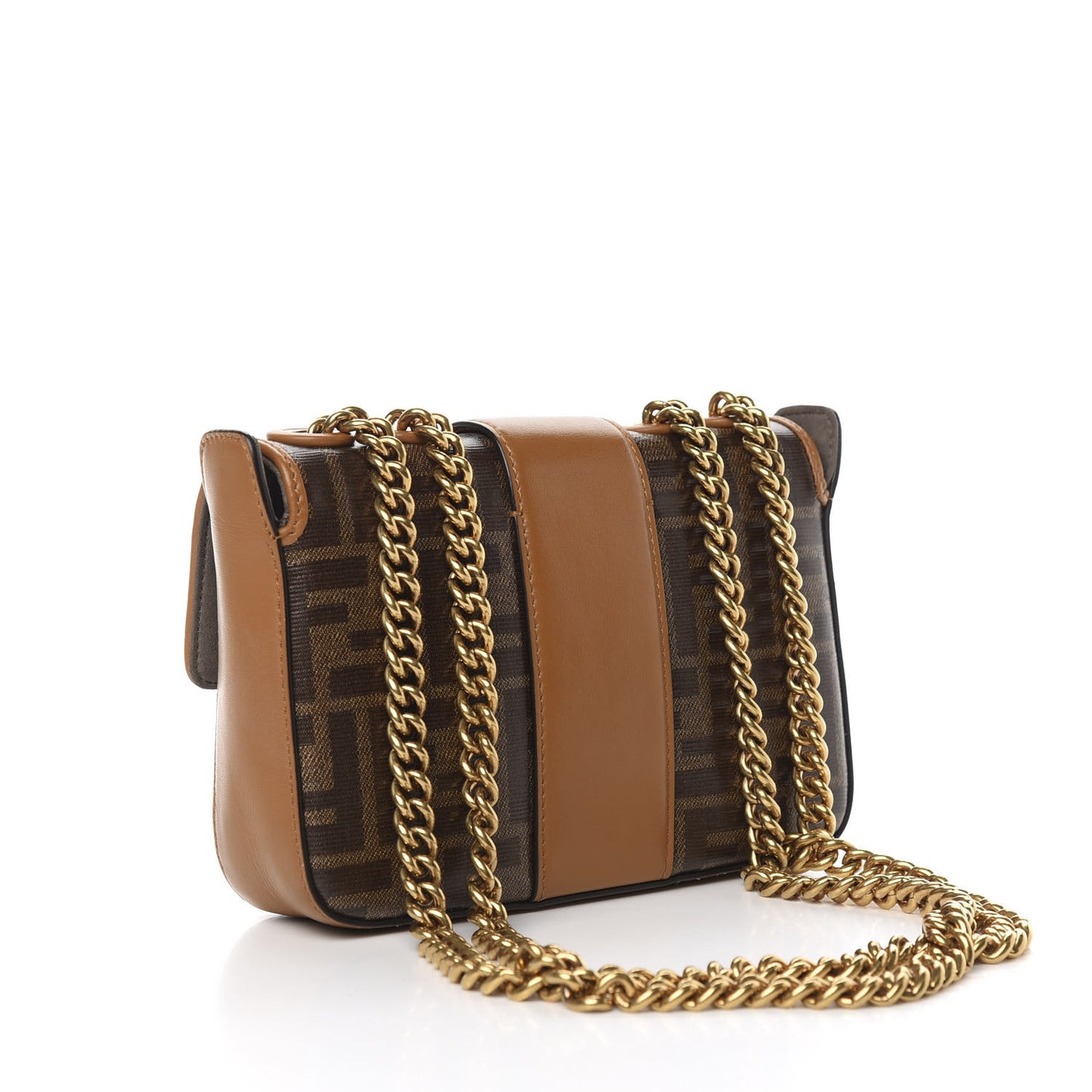 Glazed Fabric Vitello Century FF 1974 Stamp Patch Mini Double F Crossbody Bag Mogano Panna Caramello