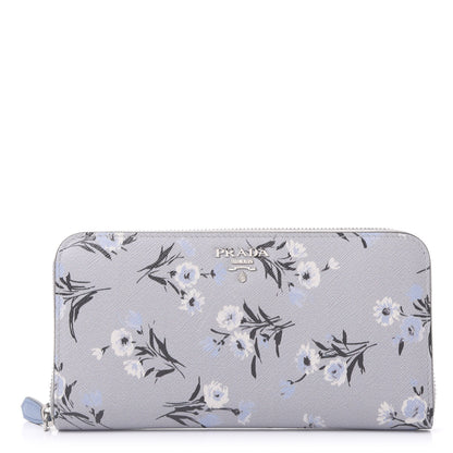 Prada Saffiano Floral Print Metal Zip Around Wallet Acciaio 1 of 10