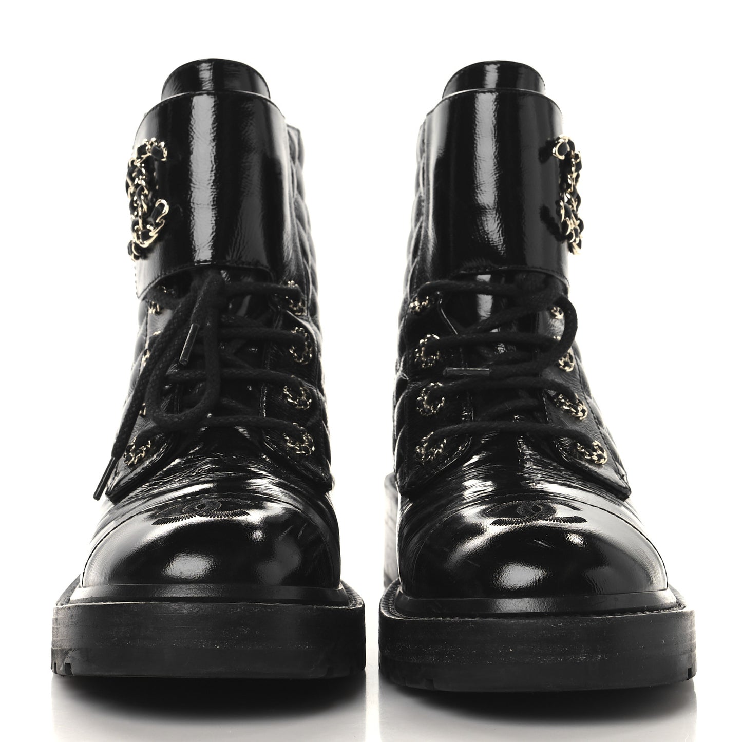 Shiny Calfskin Quilted Lace Up Combat Boots 39 Black