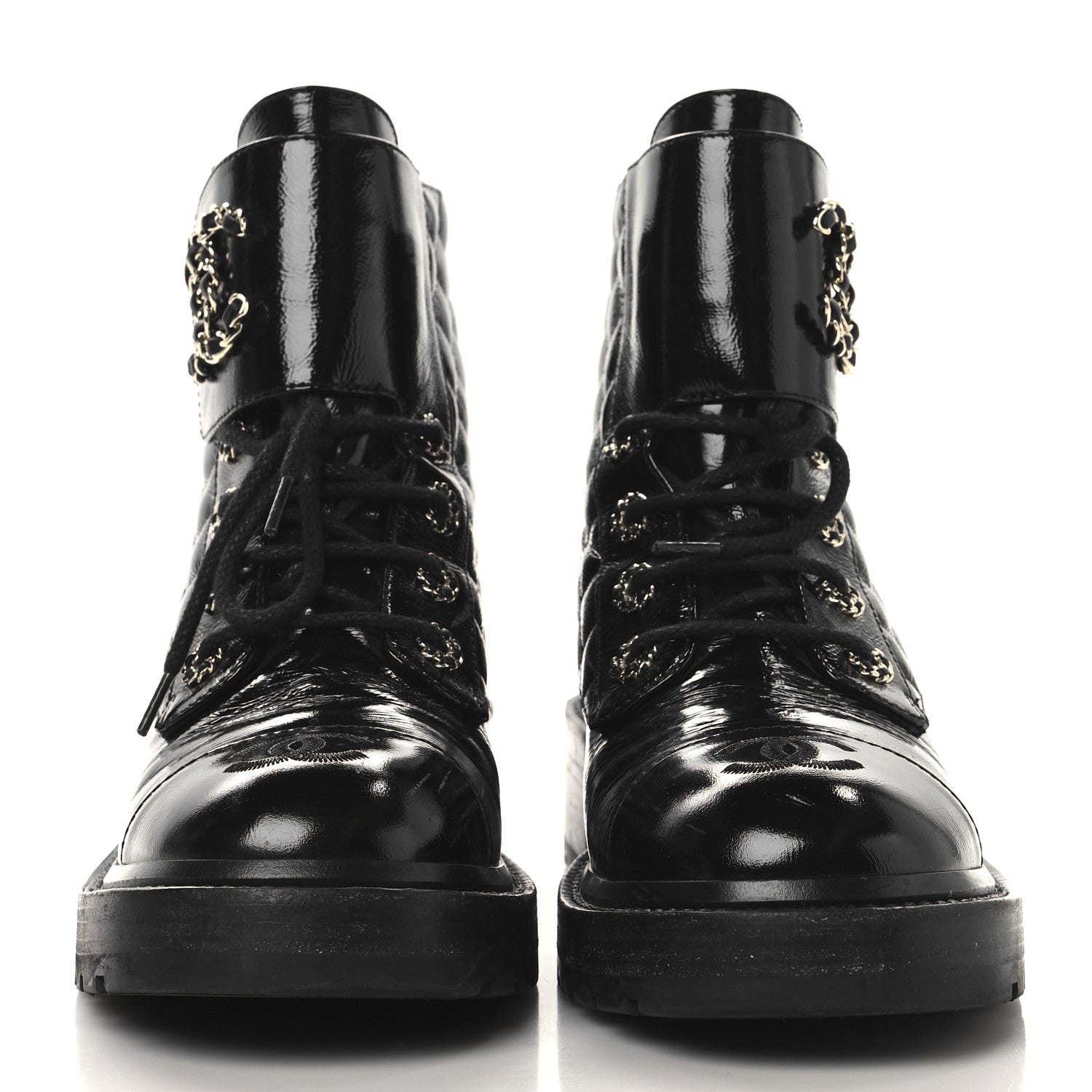 Chanel Shiny Calfskin Quilted Lace Up Combat Boots 39 Black 3 of 10