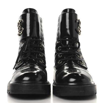 Chanel Shiny Calfskin Quilted Lace Up Combat Boots 39 Black 3 of 10