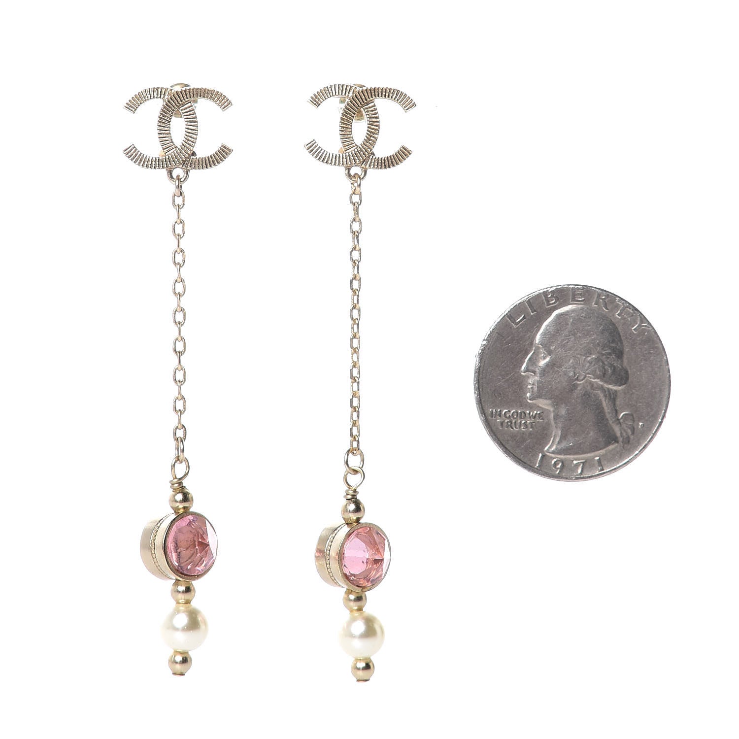 Chanel Crystal Pearl CC Drop Earrings Pink Gold 2 of 4