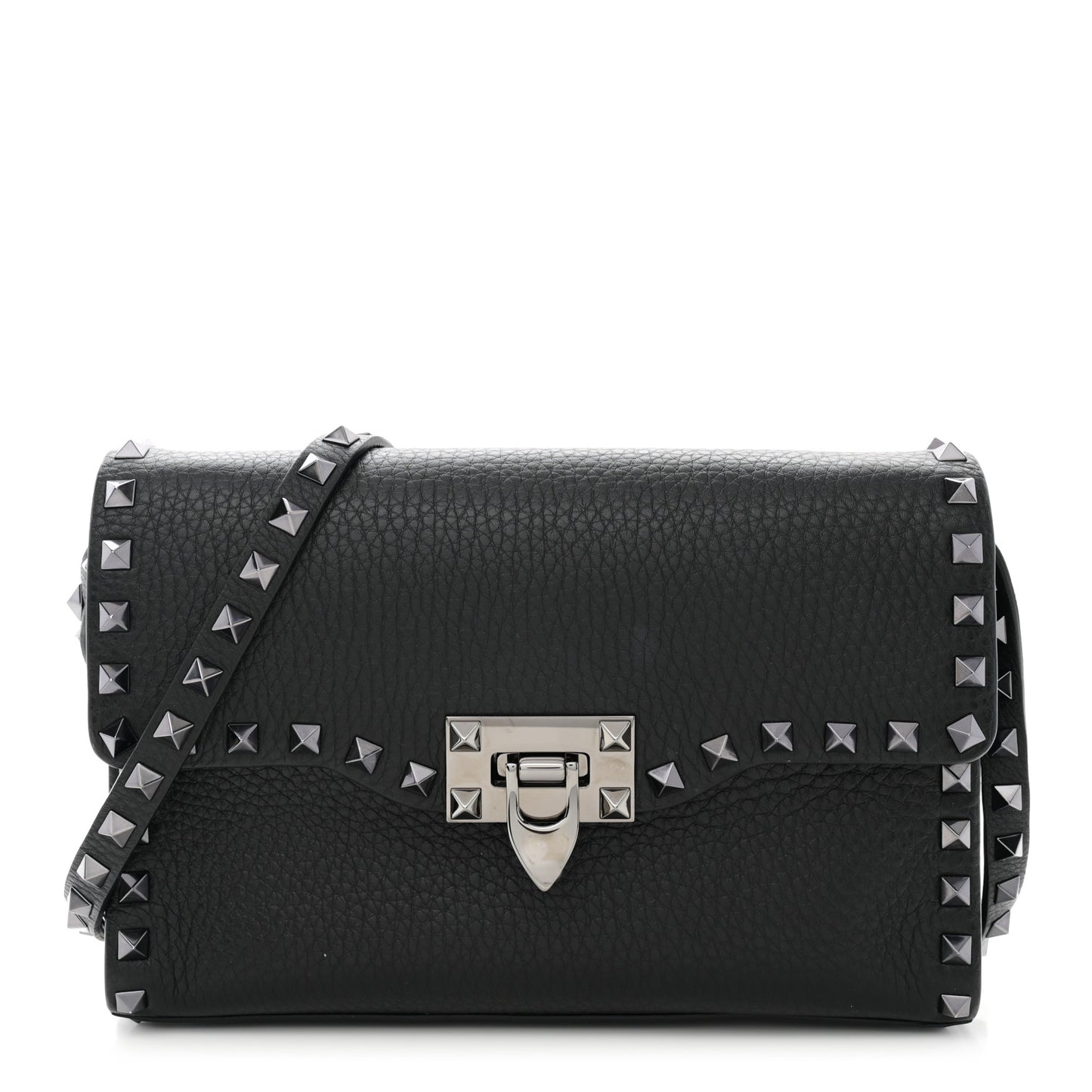 Pebbled Calfskin Monochrome Medium Rockstud Flip Lock Crossbody Bag Black