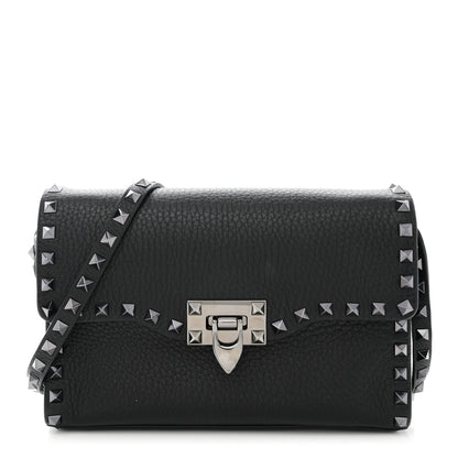Valentino Garavani Pebbled Calfskin Monochrome Medium Rockstud Flip Lock Crossbody Bag Black 1 of 9