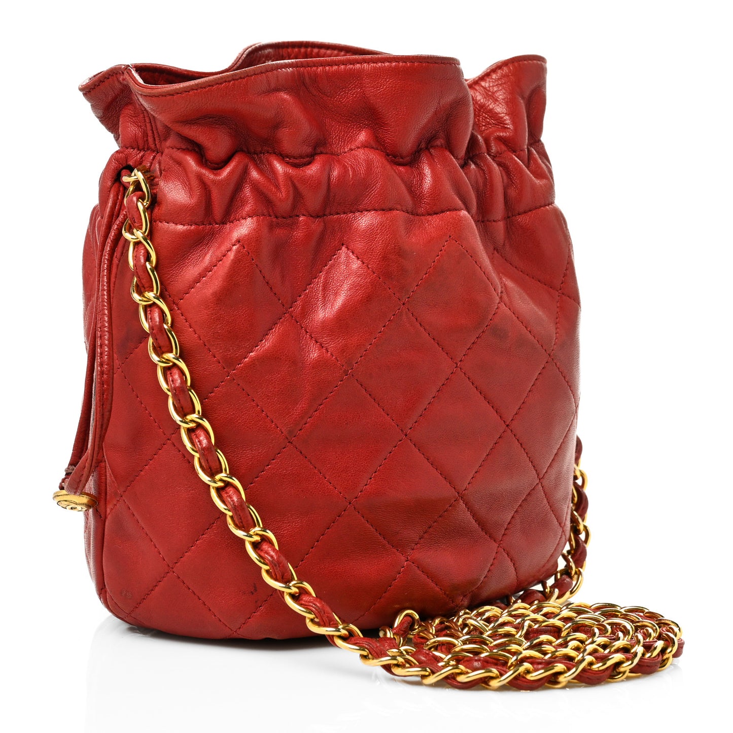 Lambskin Quilted Mini Drawstring Bucket Bag Red